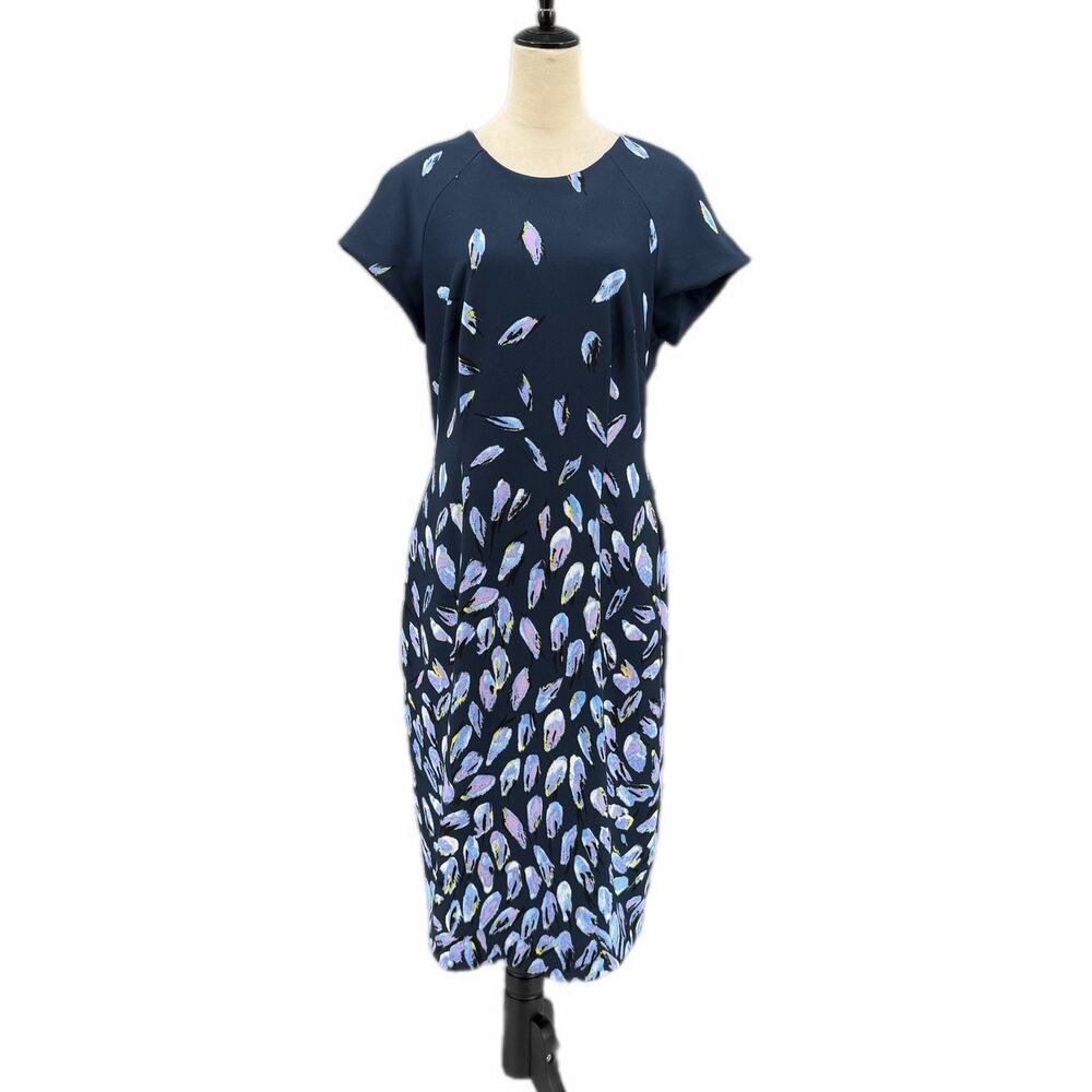 Adrianna Papell Navy Blue Streak Petal Short Sleeve Knee Length Sheath Dress